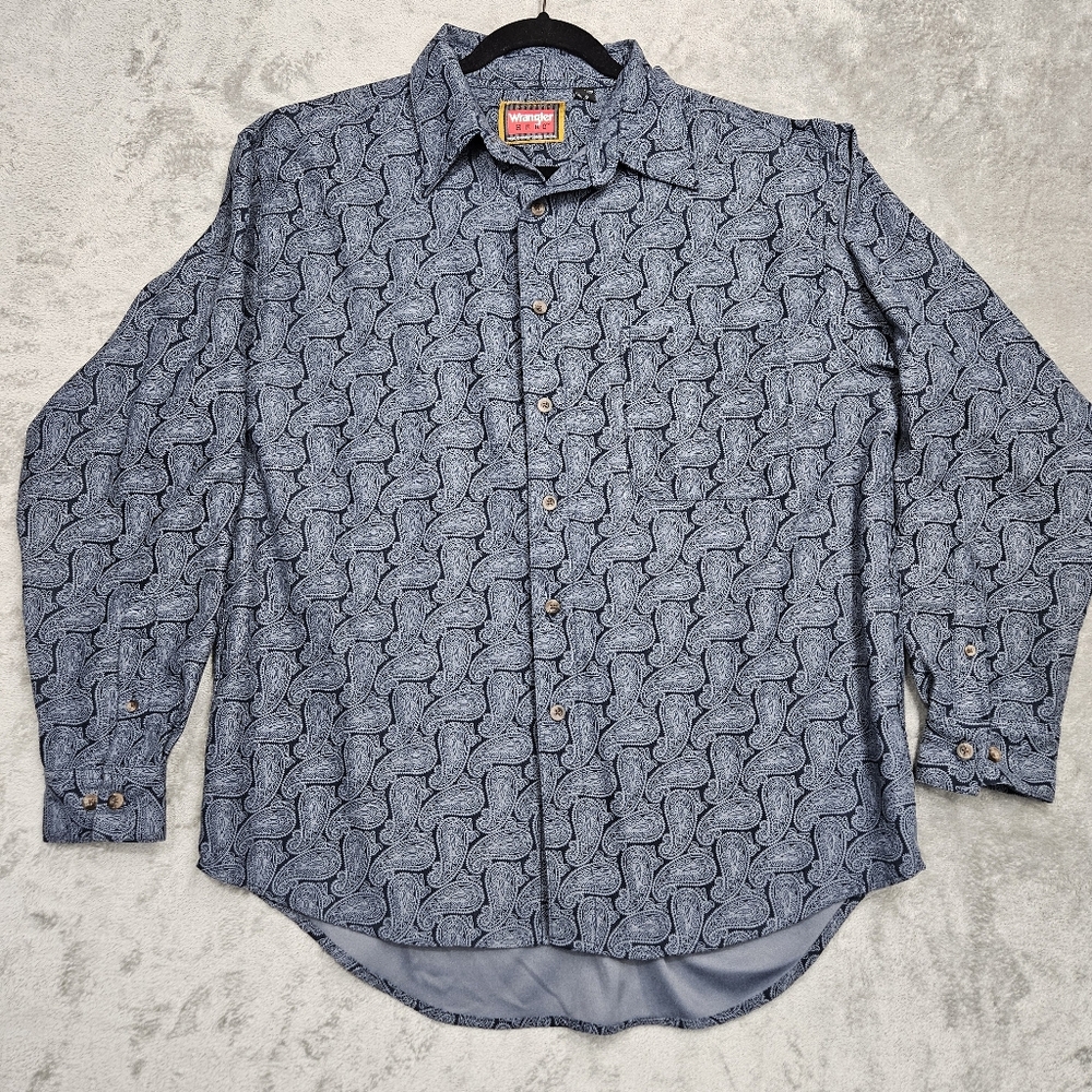 Wrangler Hero Men’s Large Blue Paisley Long Sleeve Button Up Shirt Western EUC